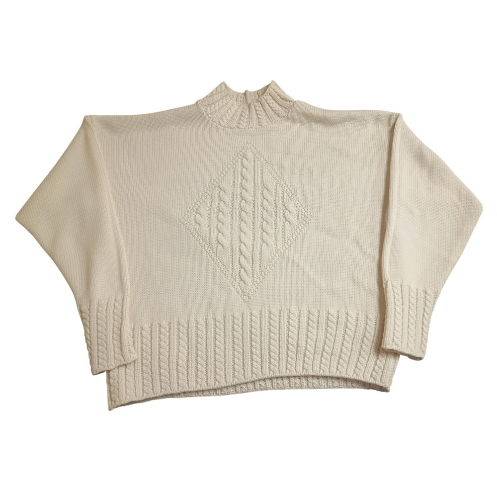 French Navy Cable Knit Sweater Womens XL Cream Mock Neck Vintage Made in USA 80s